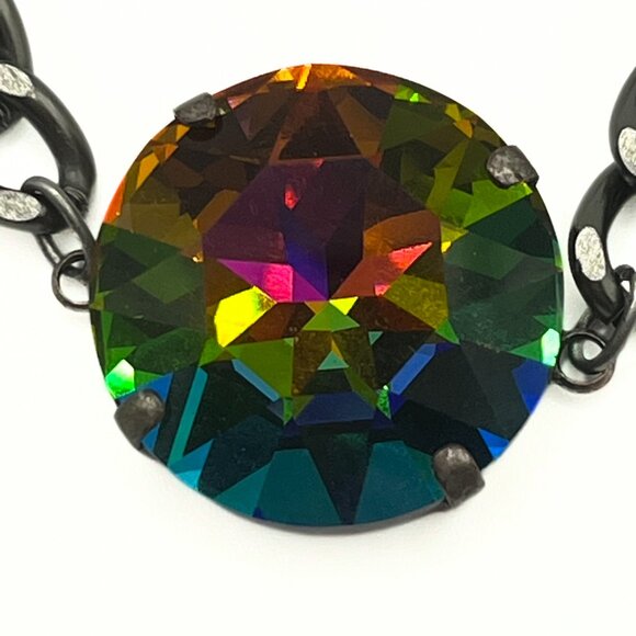 Handcrafted Large Rainbow Swarovski Crystal Dark Silver Chunky Chain Bracelet - Picture 3 of 13